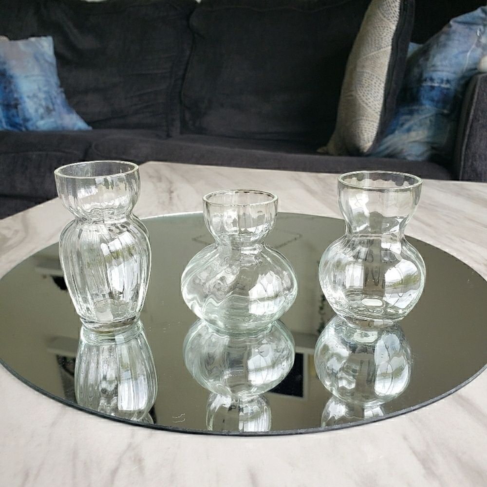 Set of 3 Glass Vases Stripe Decor Accents Clear